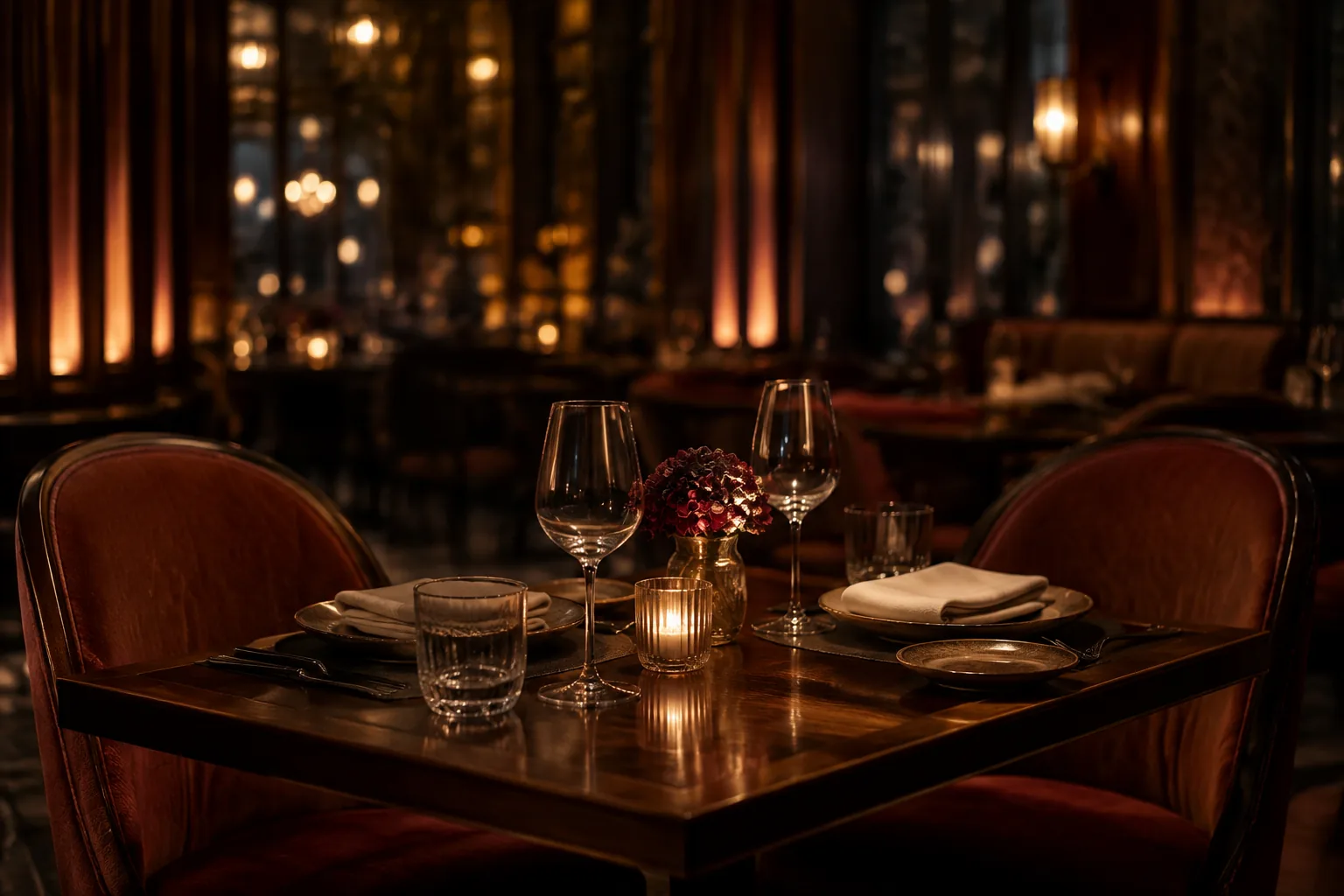 Restaurant table set for two in a Delhi dining room