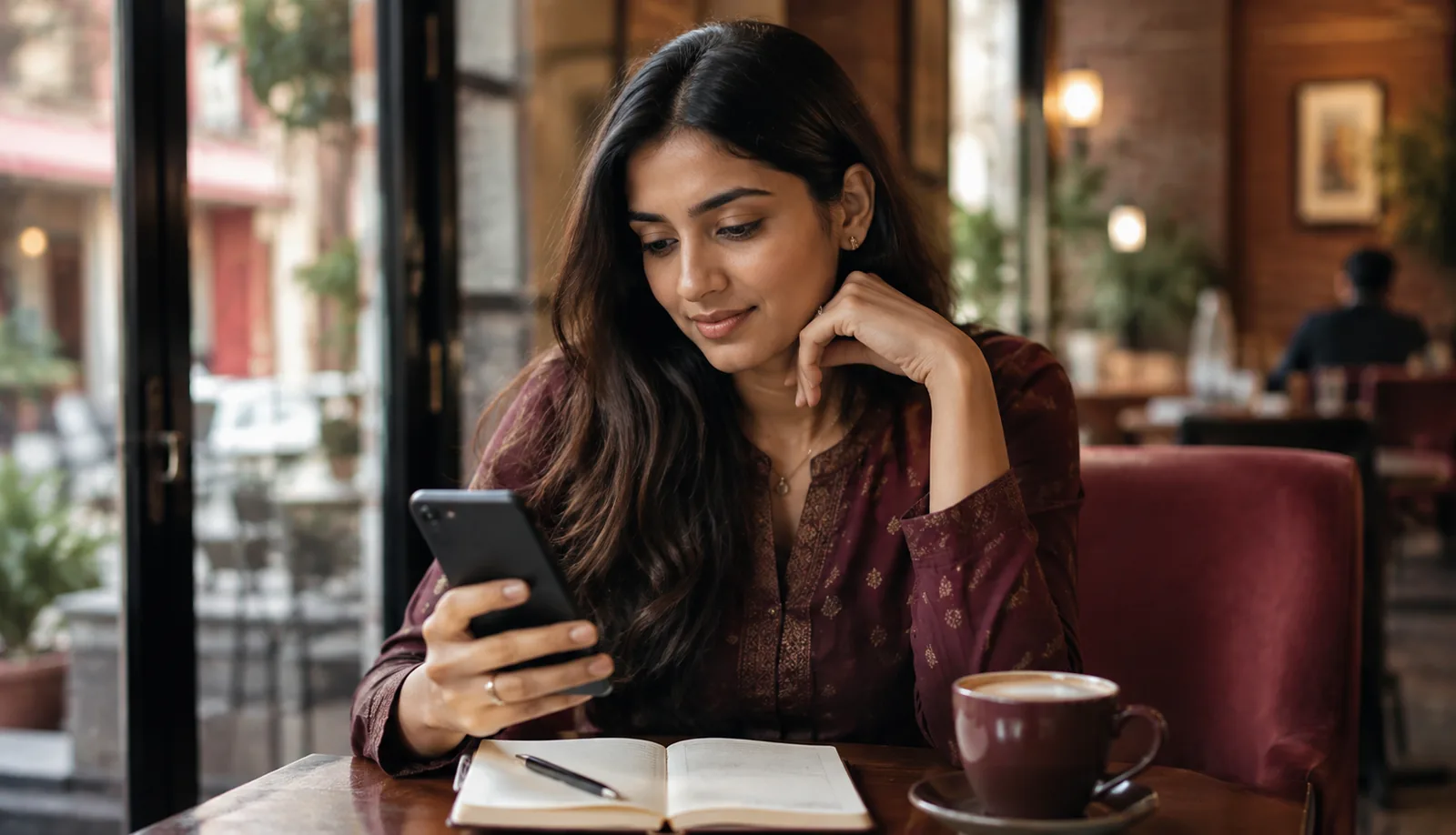 Woman reviewing notes beside her phone in a café