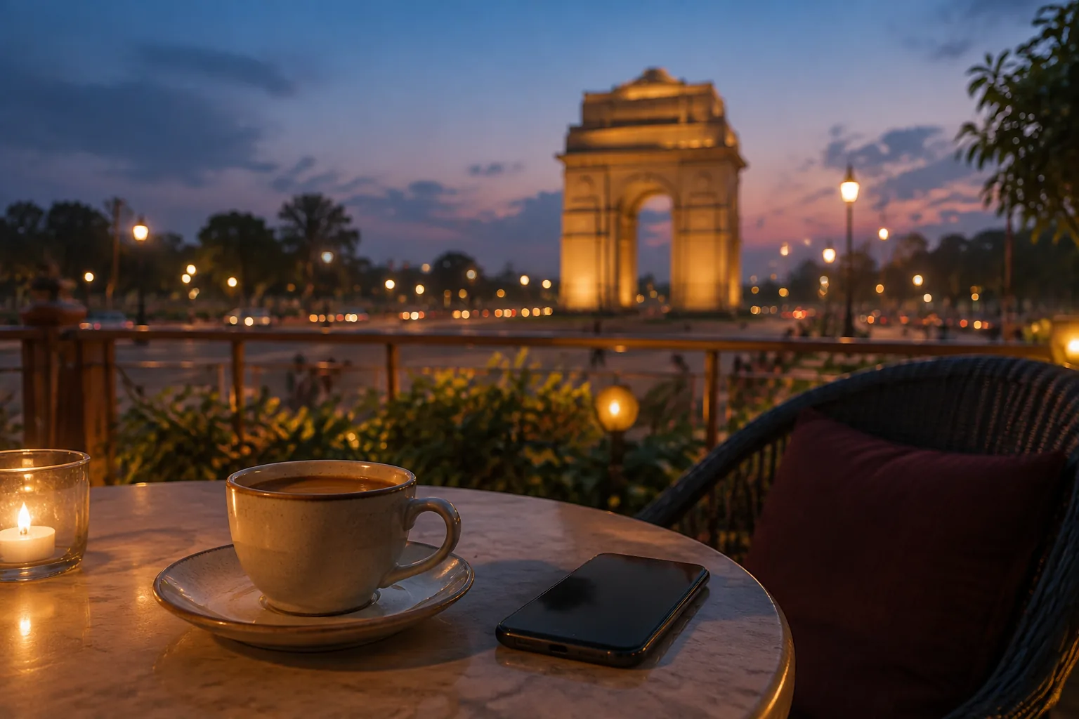 India Gate seen from a café table at sunset