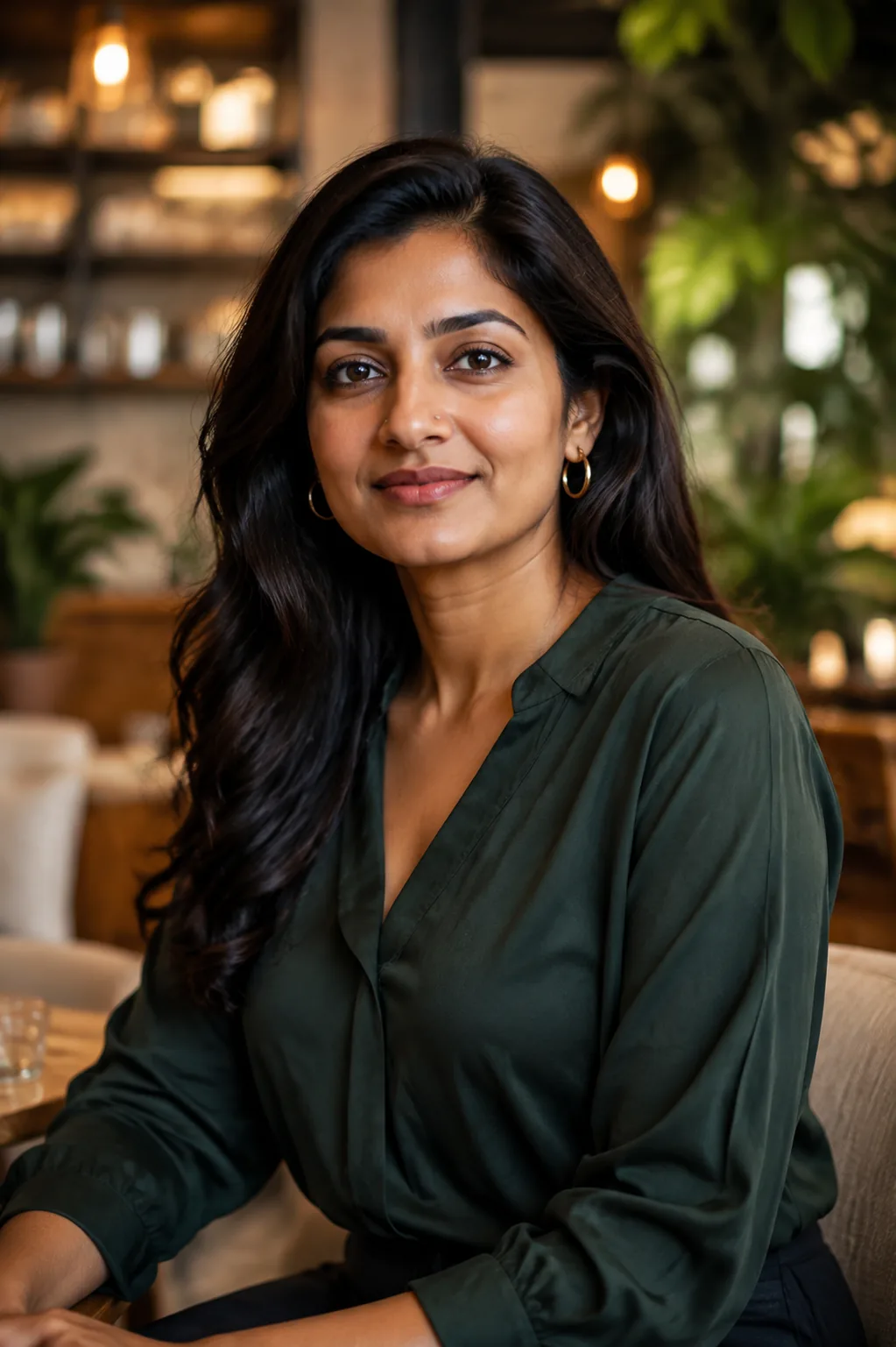 Portrait of a smiling woman in a restaurant setting