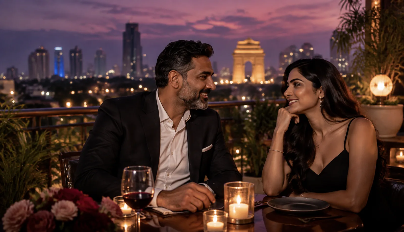 Two adults talking at a rooftop table with the Delhi skyline at dusk