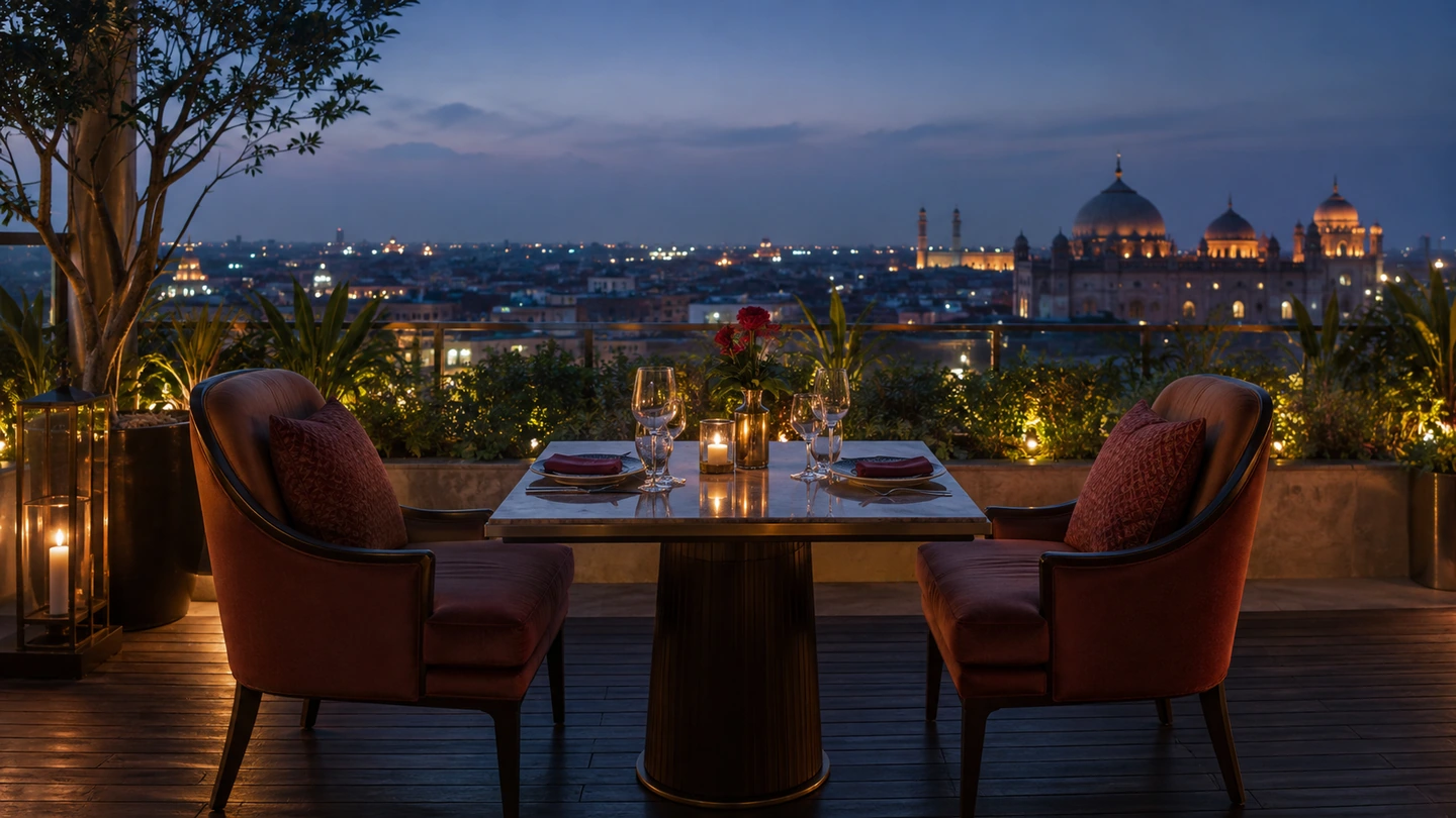 A restaurant table arranged for two in a public Delhi venue