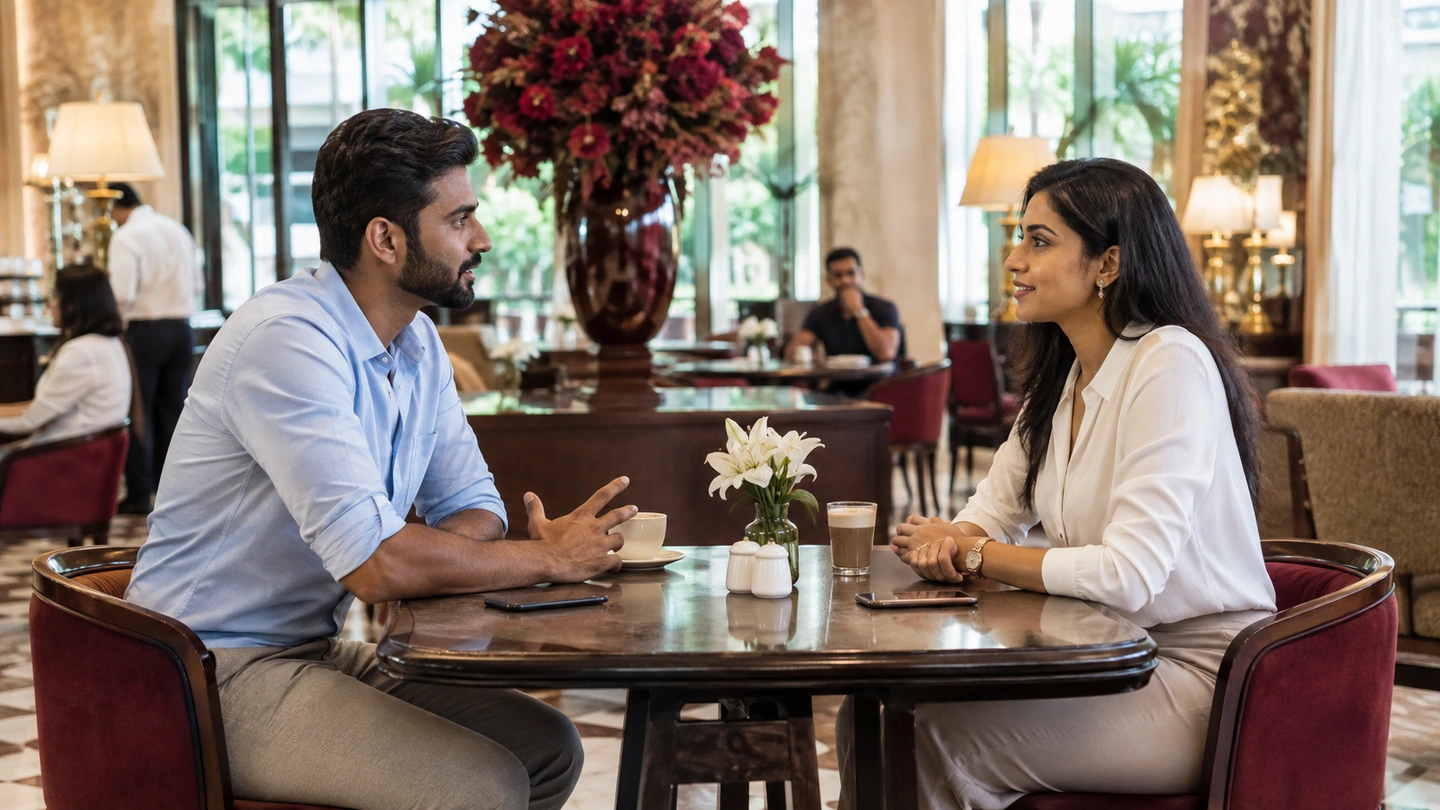Two adults speaking at a table in a public café