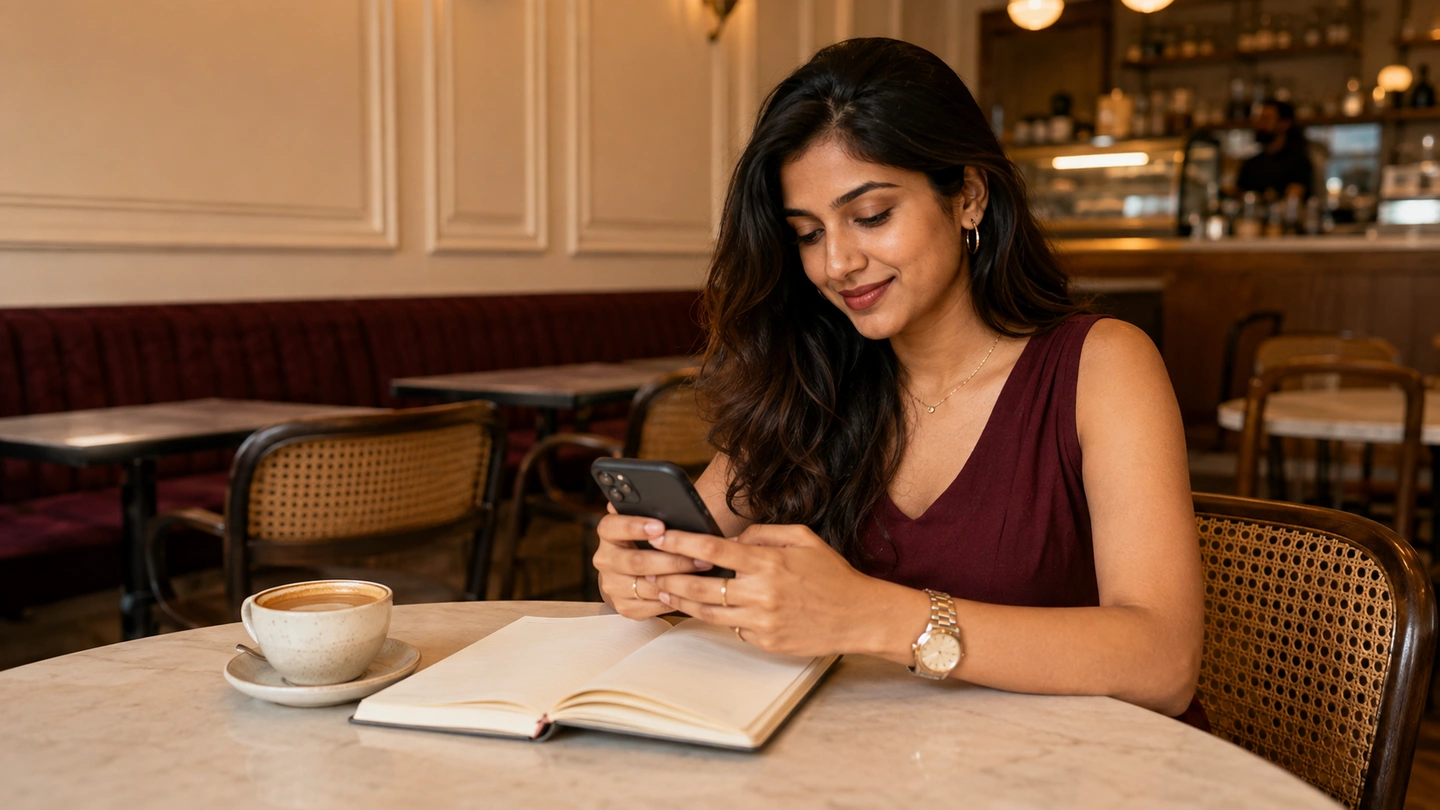 A woman reviewing profile notes beside a phone and notebook