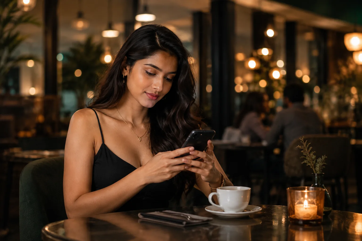 A woman using her phone privately in a modern setting